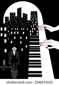 Women's hands play the piano. A metaphor. Night city.