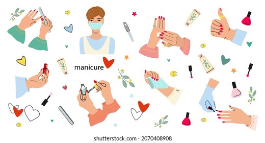 Women's hands, portrait of the master and various manicure accessories, nail polish, nail file, hand cream, face mask, cuticle oil and more. A large set of thematic vector illustrations.