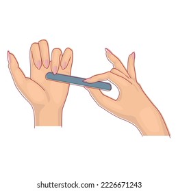 Las manos de las mujeres procesan las uñas con un archivo de uñas. Diseño para un salón de belleza. Ilustración del vector