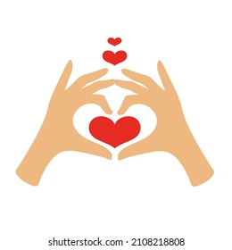 Women's hands with red hearts. Self, skin or body care, share love, love yourself with badges. Logo for wedding design, cosmetics, beauty. Illustration of a hand holding a flower