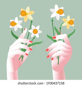 Women's hands with red nails holds flowers of white and yellow daffodils. Bouquet of blooming daffodils with leaves at the hands on a pastel green backgraund