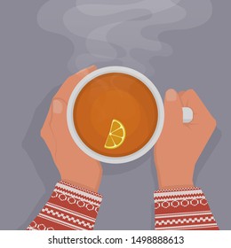 Women's hands in a red sweater are warming, gently holding a cup of black tea with a slice of lemon. View from above. On a gray background, with shadow. Flat style. Evaporation.