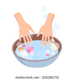 Manos de las mujeres en un tazón redondo con agua y flores, cuidado de la mano del spa. Ilustración vectorial plana aislada en fondo blanco