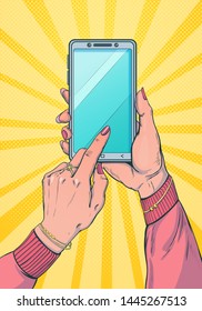 Women's hands with a smartphone. Highly detailed, hand-drawn, vector, illustration in the style of pop art, on social media theme. Modern technology, using gadgets, surfing internet on on mobile phone