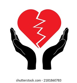 Women's hands support a broken heart. Heartache vector illustration isolated on white background.