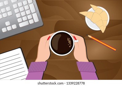 Women's hands in a sweater holding a mug of hot coffee. Vector illustration