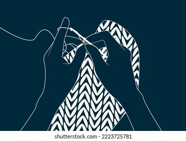 Women's hands with threads and crochet hook. Crochet, knitting. Vector white line art