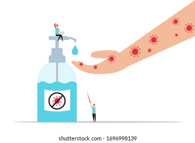 Women's hands use a corona anti-virus pump gel hand sanitizer. woman presses by sitting and men call the pump cleaning gel. Flat illustration of vector design illustration.