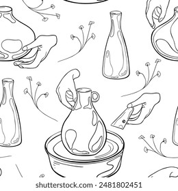 Women's hands using pottery tools for making clay pot ink silhouette hand drawn vector. Ceramic vase on pottery wheel in graphic black white outline. Making ceramic jug and flowers seamless pattern