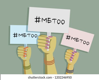 Women's hands wearing bangles hold  'Me Too' placards