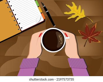 Women's hands in a woolen sweater holding a mug of hot black coffee. Food, drinks and rest.