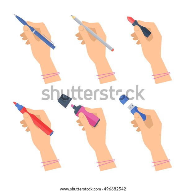 筆記具と事務用品セットを持つ女性の手 ペン 鉛筆 蛍光ペン 文房具の上に人間の女性の手を描いた平らなイラスト 白い背景にベクター画像デザインエレメント のベクター画像素材 ロイヤリティフリー