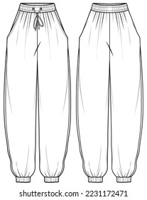 Women's Harem slouch pants  flat sketch fashion illustration drawing front and back view