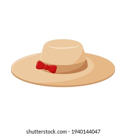 Women's hat with a bow. Side view. Summer headdress from the sun. Personal fashion accessory. An element of women's wardrobe. Flat color vector illustration. Isolated on white