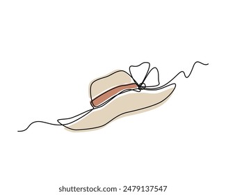 Women's hat with a brim, continuous line style, colored spots. Summer sun hat with a large bow. Drawing black linear minimalist design. Vector illustration isolated on white background.