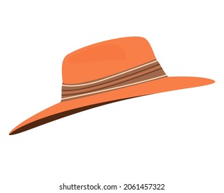 Sombrero de mujer con brillo y cinta aislada en fondo blanco. Una cabecera para protegerse del sol brillante en un estilo boho. Ilustración de color dibujada a mano vectorial plana en estilo boho