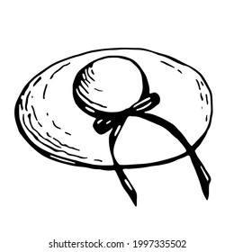 
Women's hat with brim and ribbon. Vector, black line, isolated