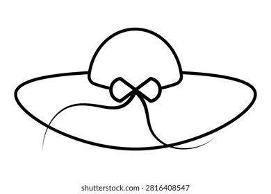 Women's hat decorated with a bow. Sketch. Beach napper with a round brim. Vector illustration. Straw headdress. Outline on an isolated white background. Doodle style. Coloring book. Idea for web design.