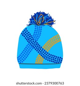 Frauenhut mit Pampelmuse. Winterkleidung im Cartoon-Stil. Blau und Orange.