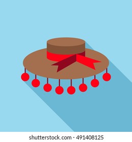 Womens hat with red bow icon in flat style with long shadow. Headwear symbol vector illustration