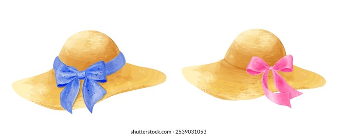 Chapéus femininos com arcos. Ilustração em aquarela vetorial de chapéus para meninas