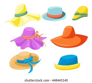 Women's hats The complete set of female hats summer hats isolated on white background Featuring Different Designs 