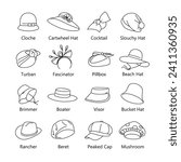 Women's hats or headdresses vector set. Linear icons or signs isolated on white background. Traditional headgears. Editable stroke.