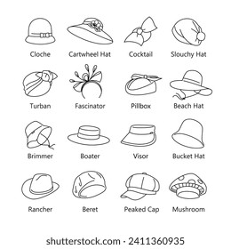 Juego vectorial de sombreros o cabeceras para mujeres. Iconos o signos lineales aislados en fondo blanco. Auriculares tradicionales. Trazo editable.