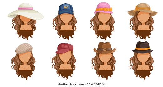 sombreros de mujer. Colección de cabeza de mujer.  Imágenes de cabello diferentes hembras. Variedad y diferentes tipos de moda. Ilustración vectorial.