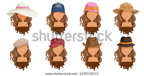 女は帽子をかぶった 女性の頭のコレクション 髪型が異なる女性の使用者 さまざまな種類のファッション ベクターイラスト のベクター画像素材 ロイヤリティフリー