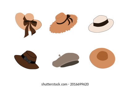 women's hats of various shapes, sizes and colors isolated on a white background