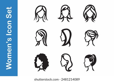 Women's Head Icon set with editable outline