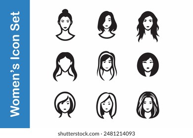 Women's Head Icon set with editable outline