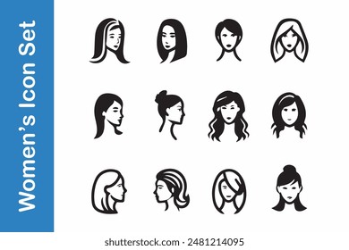 Women's Head Icon set with editable outline