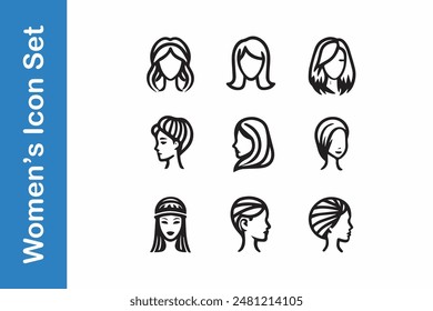 Women's Head Icon set with editable outline