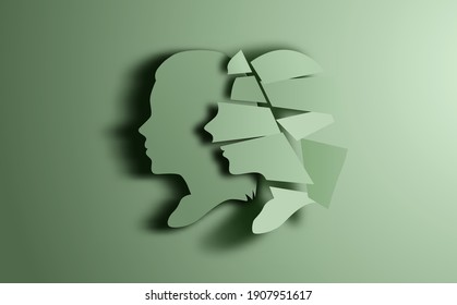 Womens head silhouette, one fractured the other fine. Mental health concept, talking therapy. Vector illustration.