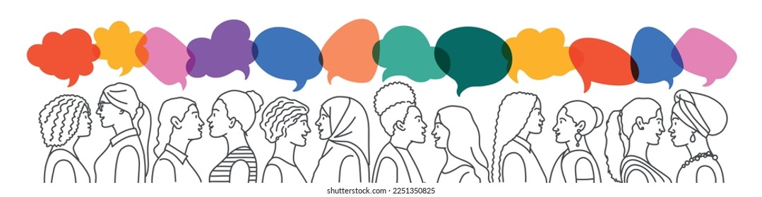 Women's heads diversity people in profile. Speech bubble. Talking and share ideas. Indian, african girls, muslim in hijab.