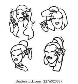 Cabeza o cara de mujer. Chicas con maquillaje o estilistas en un salón de belleza con pestañas, uñas y polvo. Procedimientos de belleza, bien cuidados. Ilustración e iconos de estilo vector Doodle.