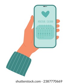 Women's health care app. Girl holds phone with a menstruation calendar app. Period ovulation days tracker. 
