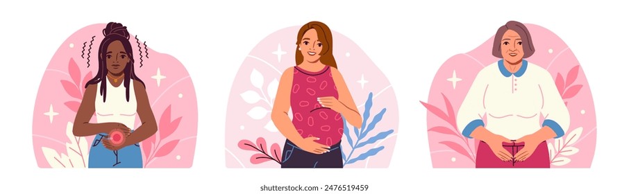 Womens health care concept. Happy girls with heart shaped hands on their belly. Pregnancy and caring for female reproductive system. Flat vector illustration isolated on white background