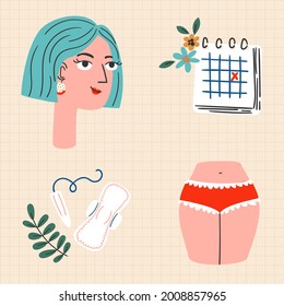 Women's health and care during period vector illustration. Medical and self care concept. Conceptual icons set: white woman, period calendar, tampon, pads and a part of body in underwear