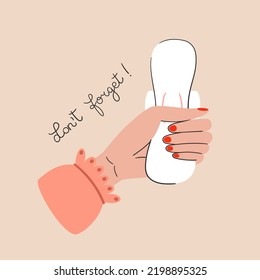 Women's Health And Care During Period Vector Illustration. Medical And Self Care Concept. Female Hand Holding A Period Pad And Hand Lettering 