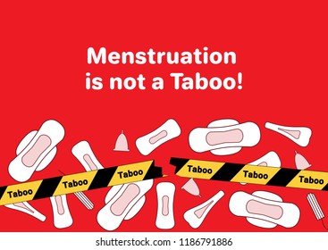 Women's Health Concept Illustration, Some Aspects Of Women Wellness In Monthlies Period. Menstrual Pads, Tampons. Woman Critical Days. Menstruation Cycle Period. Sanitary Woman Hygiene Is Not A Taboo