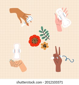 Women's Health Conceptual Vector Illustration. Medical And Self Care Concept During Period. Female Hands Holding Pads And Tampons. Hand Drawn Illustration