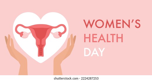 Womens health day banner. Illustration uterus in hands. 