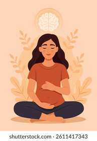 Women's Health Day. Mental health. Postpartum depression. Pregnant girl hugs herself, puts her hands on her heart and belly. Harmony and calm. Vector illustration for health and psychology projects