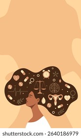 Women's Health Day. Women's mental health. Woman with long hair and elements of medicine, uterus, brain, scales, heart. Mindfulness, care. Vector illustration with space for text, for health projects