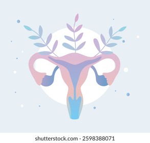 Women's Health Day. Vector illustration of female uterus with flowers symbol of health and care in gentle blue pink palette. Women's health concept, menstrual cycle, ovulation, gynecology