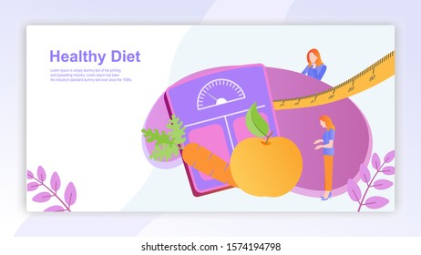 Women's  and health diet with vegetables, fruit. Vegetarianism and dieting. Concept banner set, mobile app landing templates. Vector illustration.