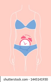 Women's health: hygiene, genitals, purity, menstruation. Silhouette of a female body with the symbol of the female cycle: alarm clock. Vector illustration for a blog, banner or poster.